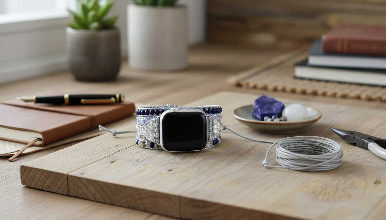 Beaded Leather Apple Watch Band: Natural Stones, Adjustable